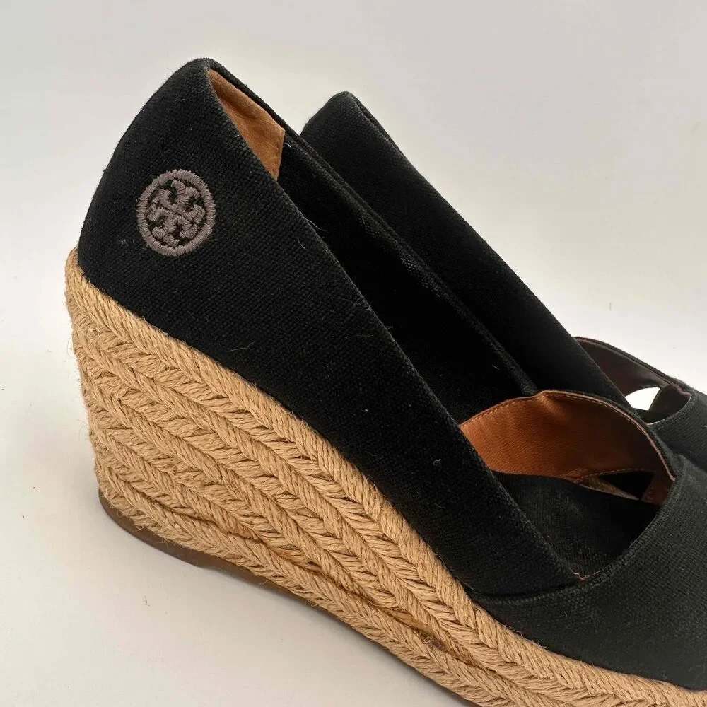 Tory Burch Black Filipa Open Toe Espadrille Wedges Shoes Size 38 / 8